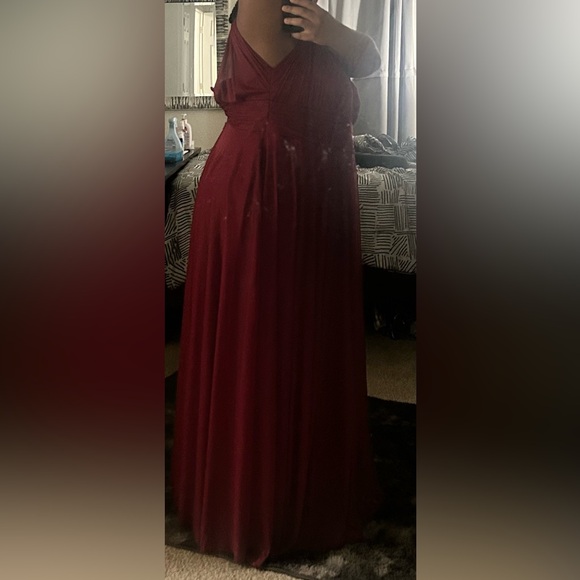 Burgundy A-Line One Shoulder Stretch Satin Dress - Picture 4 of 10